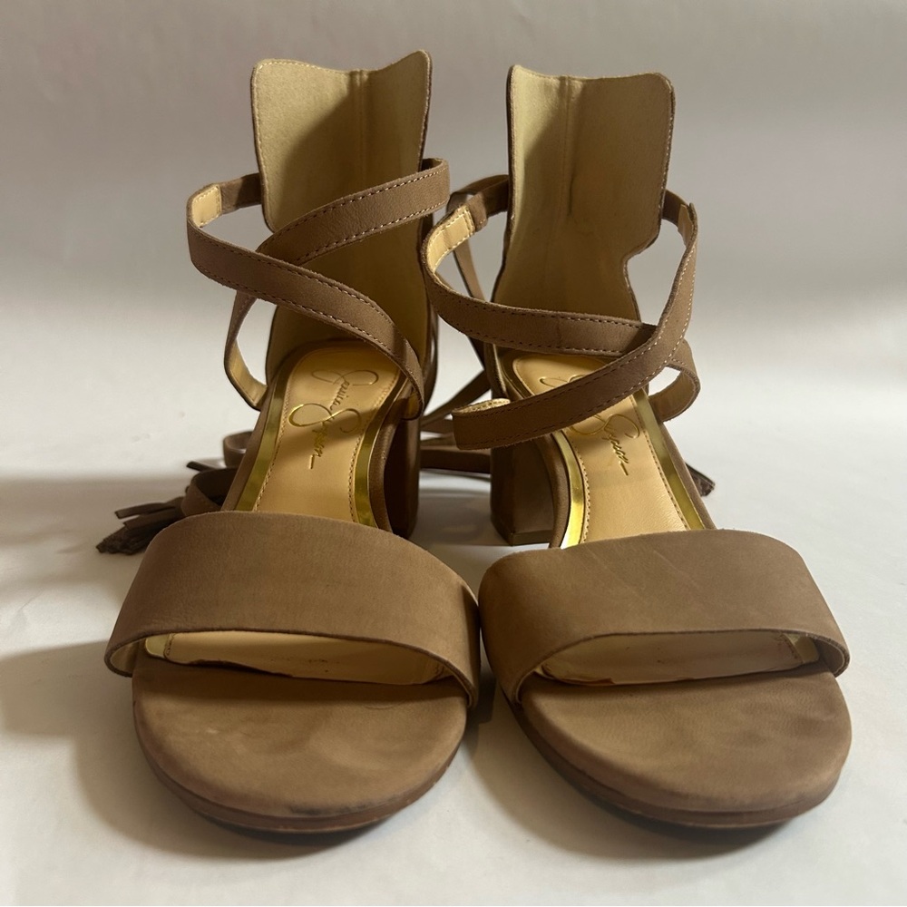 Jessica Simpson Tan Lace Up Block Heel Sandals Tassel Gladiator Strappy Heel 8.5 - Picture 5 of 13